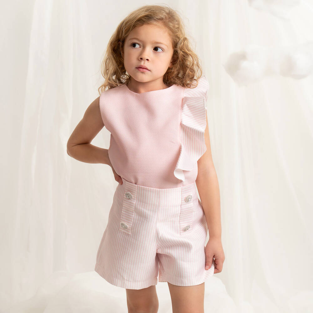 Caramelo Kids-Girls Pink Striped Shorts Set with Jewelled Buttons | Childrensalon