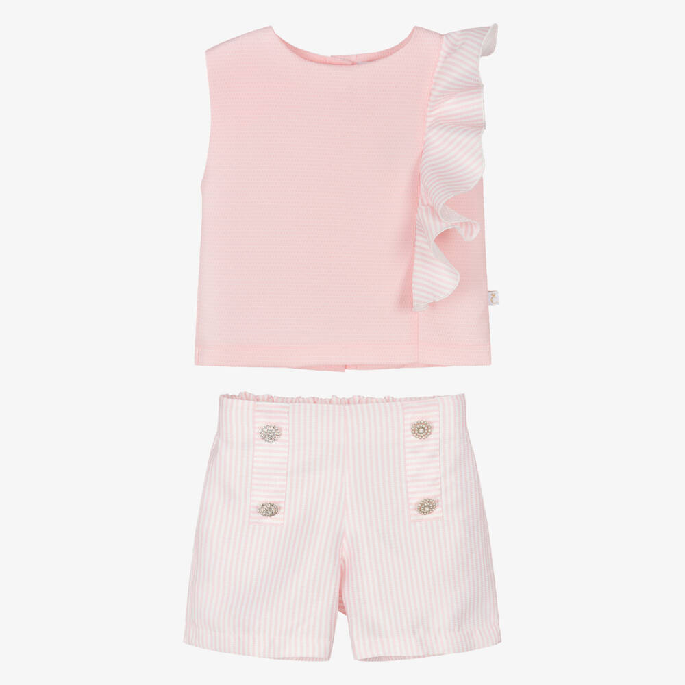 Caramelo Kids-Girls Pink Striped Shorts Set with Jewelled Buttons | Childrensalon