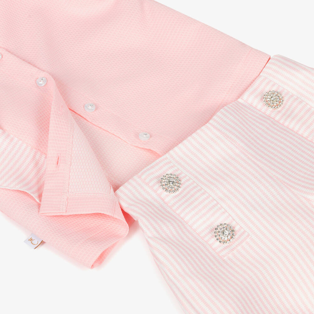 Caramelo Kids-Girls Pink Striped Shorts Set with Jewelled Buttons | Childrensalon