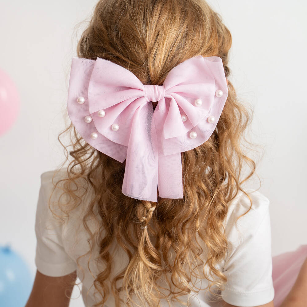 Caramelo Kids-Girls Pink Tulle Bow Hair Clip with Pearl Beads (17cm) | Childrensalon