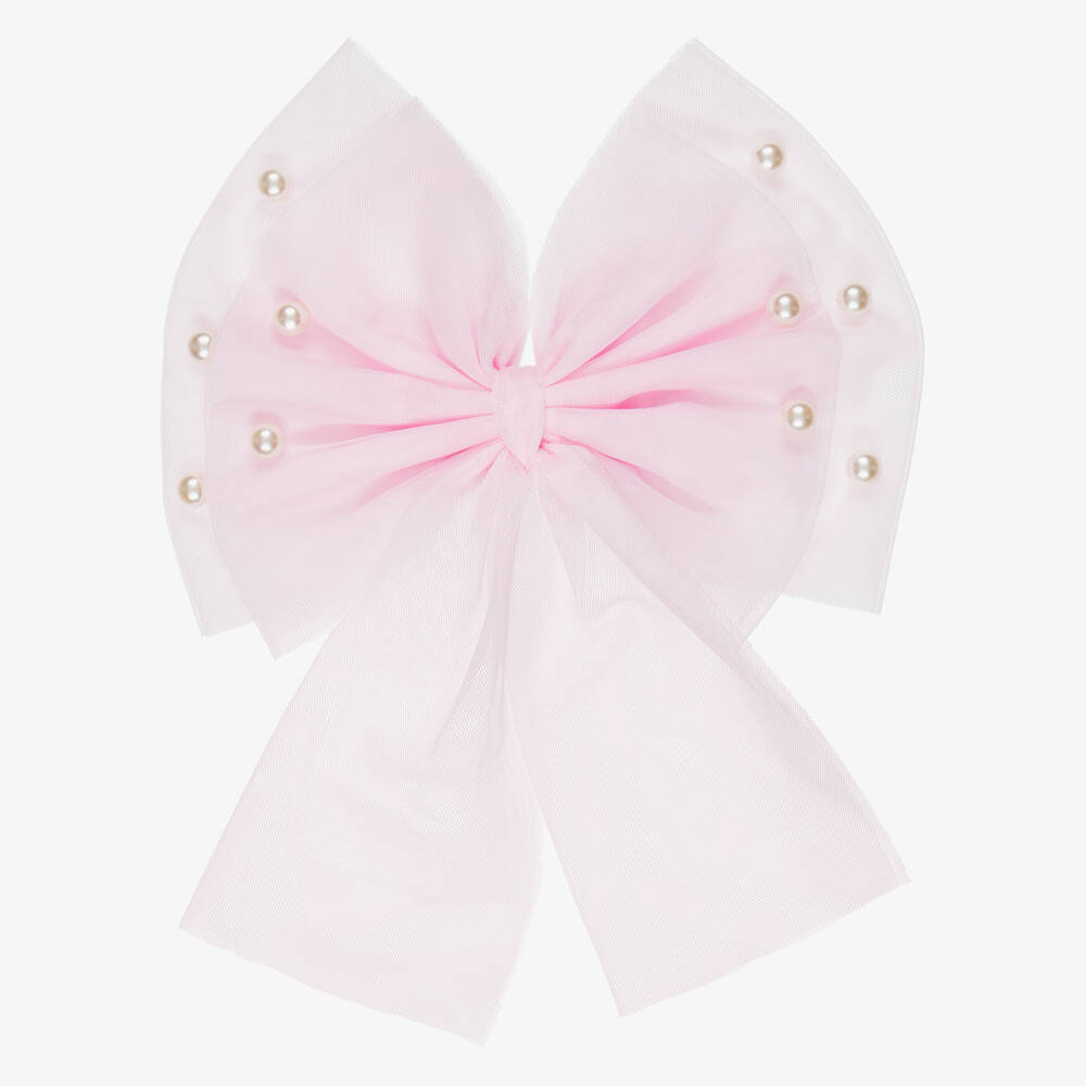 Caramelo Kids-Girls Pink Tulle Bow Hair Clip with Pearl Beads (17cm) | Childrensalon