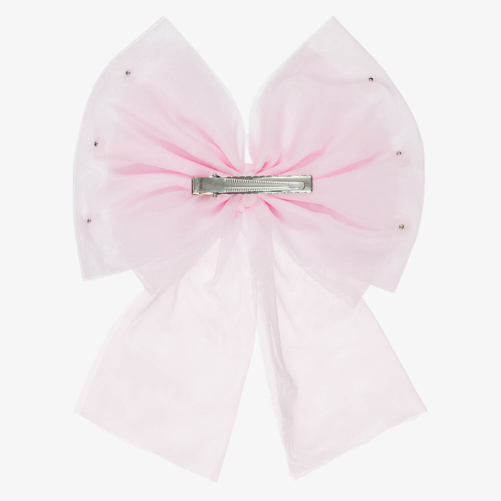 Caramelo Kids-Girls Pink Tulle Bow Hair Clip with Pearl Beads (17cm) | Childrensalon