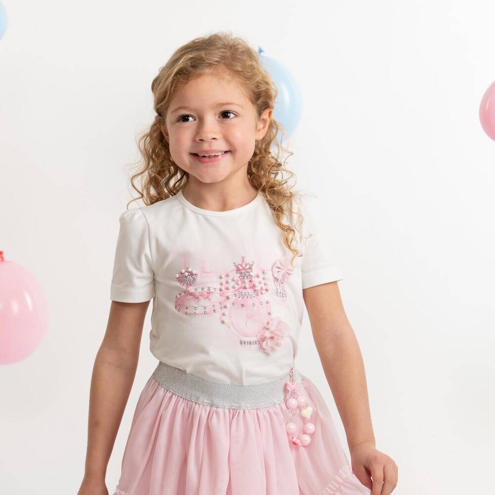 Caramelo Kids-Girls Pink Tulle Skirt Set with Frills, Pearls & Diamantés | Childrensalon