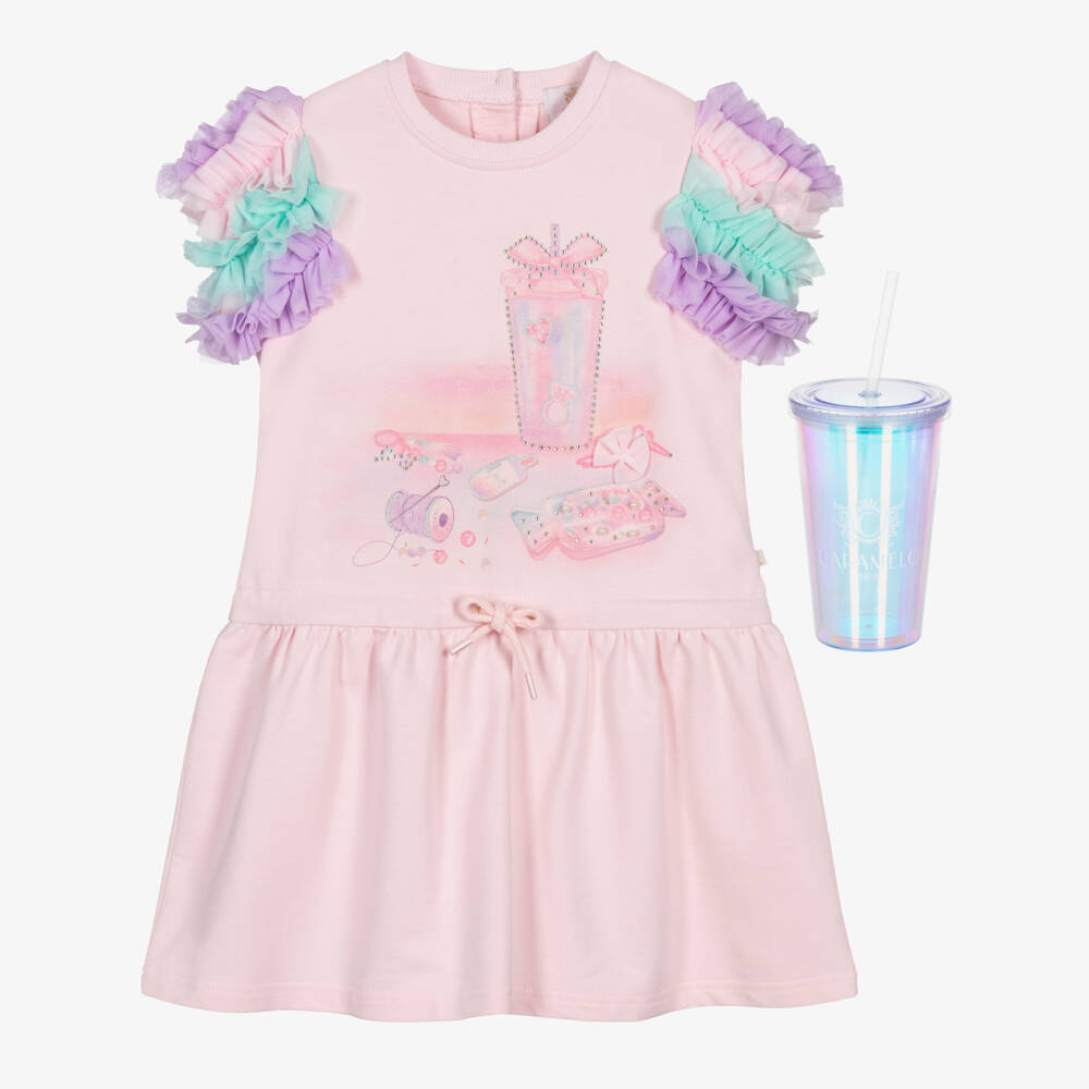 Caramelo Kids-Girls Pink Tulle Trim Cotton Jersey Dress with Tumbler | Childrensalon