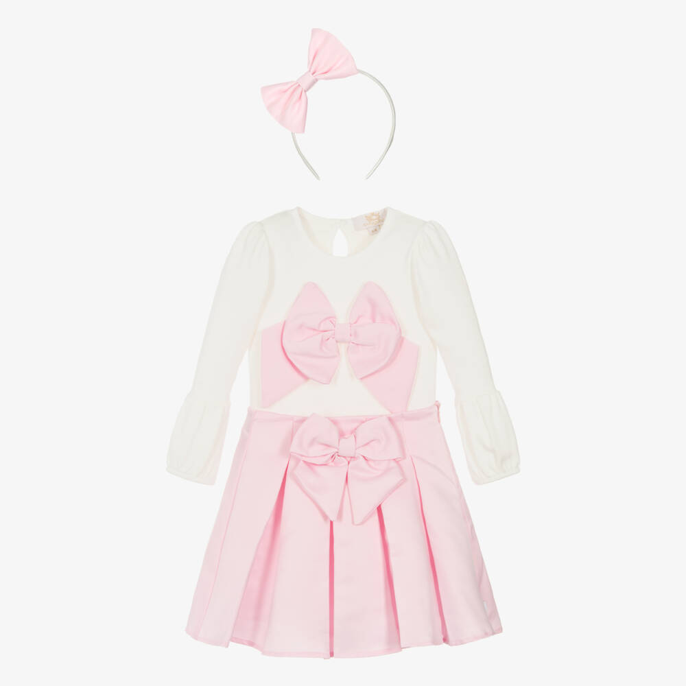 Caramelo Kids-Girls Pink & White Pleated Skirt Set with Bows | Childrensalon