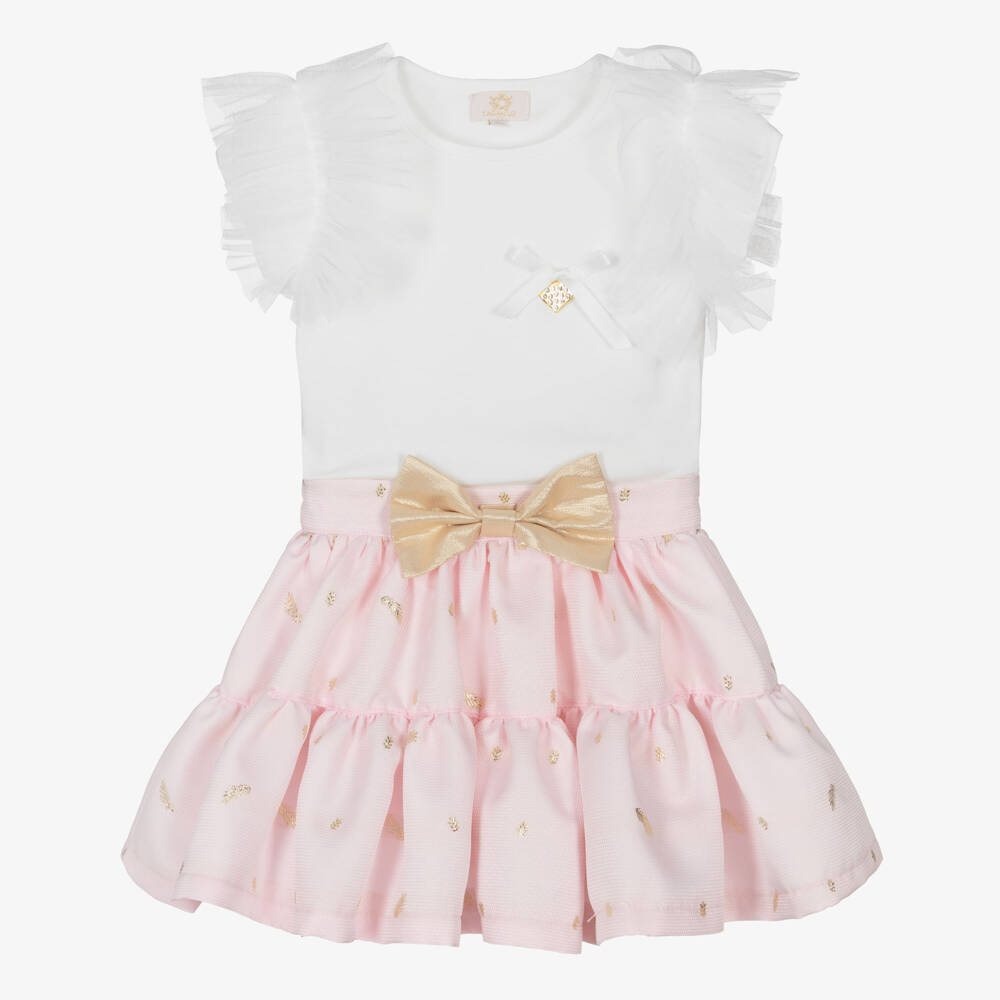 Caramelo Kids-Girls Pink & White Skirt Set with Gold Bow & Tulle Trims | Childrensalon