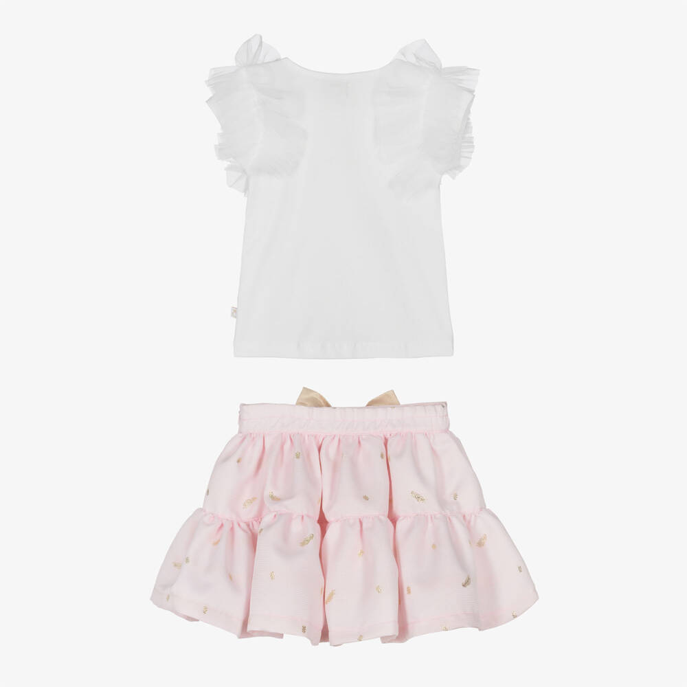 Caramelo Kids-Girls Pink & White Skirt Set with Gold Bow & Tulle Trims | Childrensalon