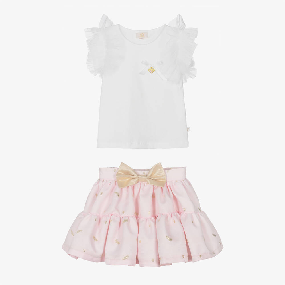 Caramelo Kids-Girls Pink & White Skirt Set with Gold Bow & Tulle Trims | Childrensalon