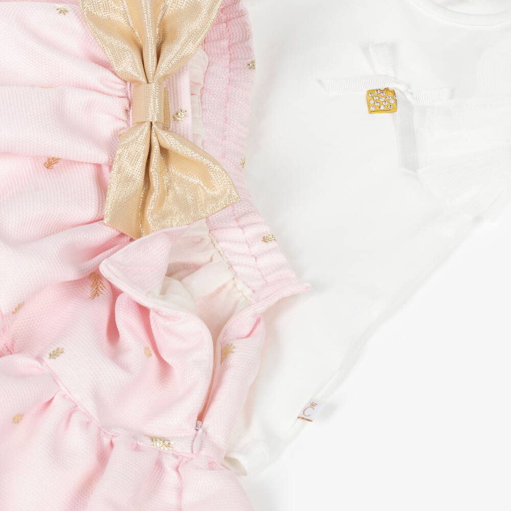 Caramelo Kids-Girls Pink & White Skirt Set with Gold Bow & Tulle Trims | Childrensalon