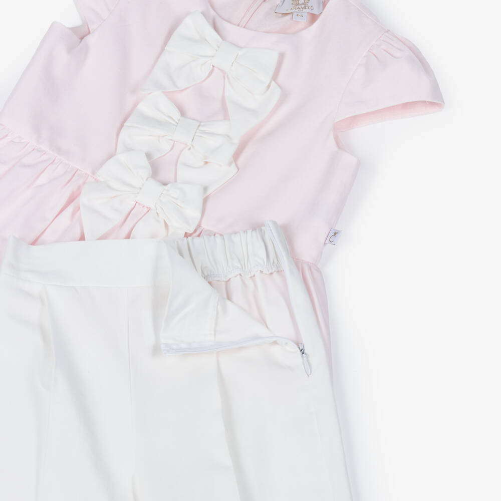 Caramelo Kids-Girls Pink & White Trouser Set with Bow Hair Clip | Childrensalon