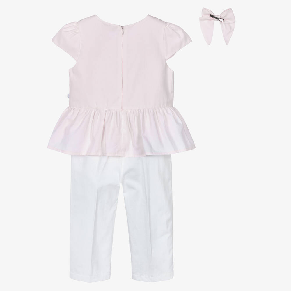 Caramelo Kids-Girls Pink & White Trouser Set with Bow Hair Clip | Childrensalon