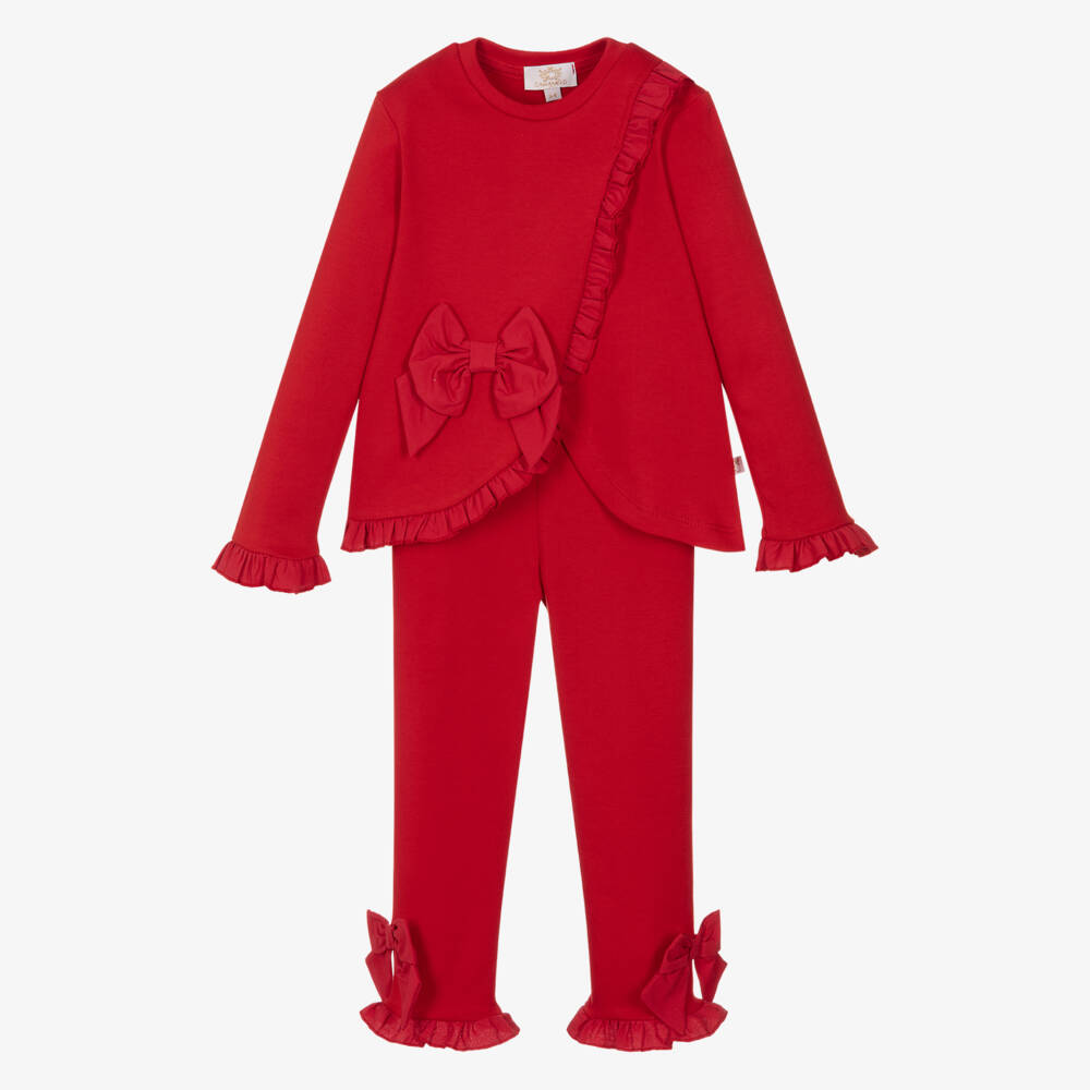 Caramelo Kids-Girls Red Cotton Jersey Leggings Set with Frills & Bows | Childrensalon