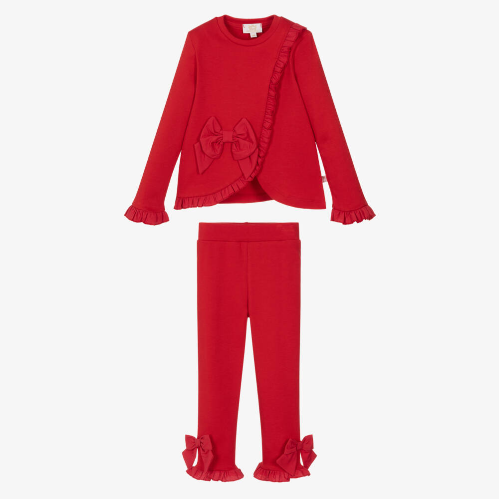 Caramelo Kids-Комплект с легинсами красный из хлопкового трикотажа с оборками и бантами длядевочек | Childrensalon