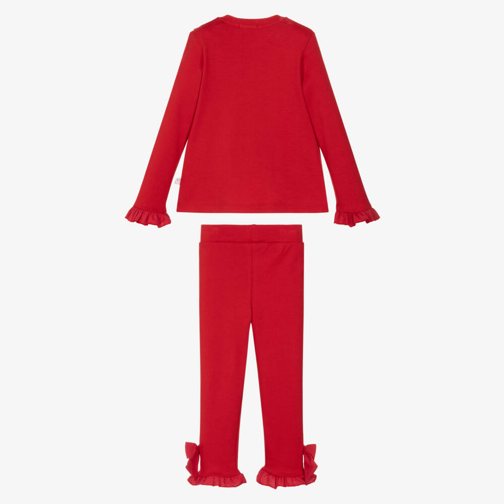 Caramelo Kids-Комплект с легинсами красный из хлопкового трикотажа с оборками и бантами длядевочек | Childrensalon
