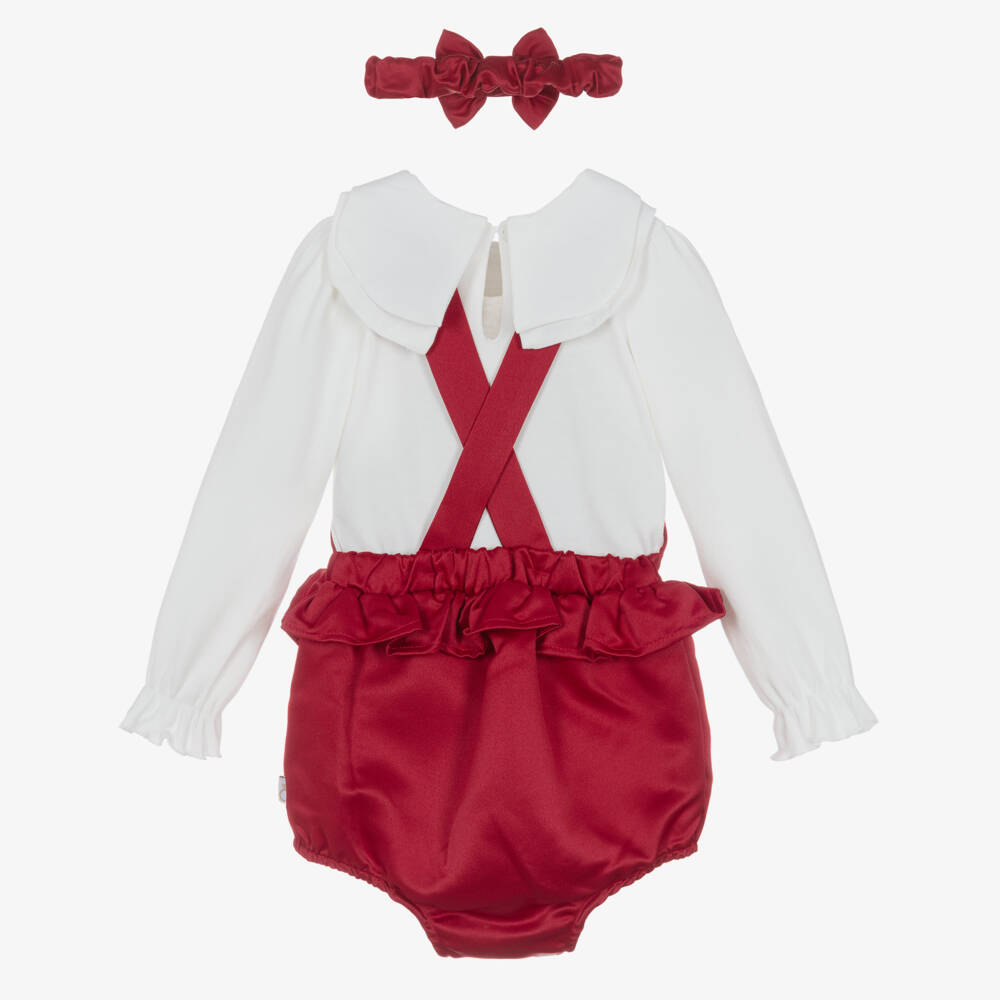 Caramelo Kids-Girls Red Dungaree Babysuit Set with Bow Headband | Childrensalon