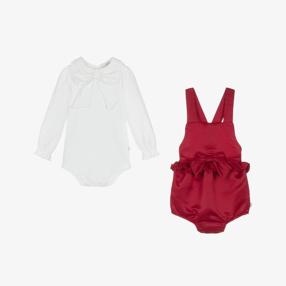 Caramelo Kids-Girls Red Dungaree Babysuit Set with Bow Headband | Childrensalon