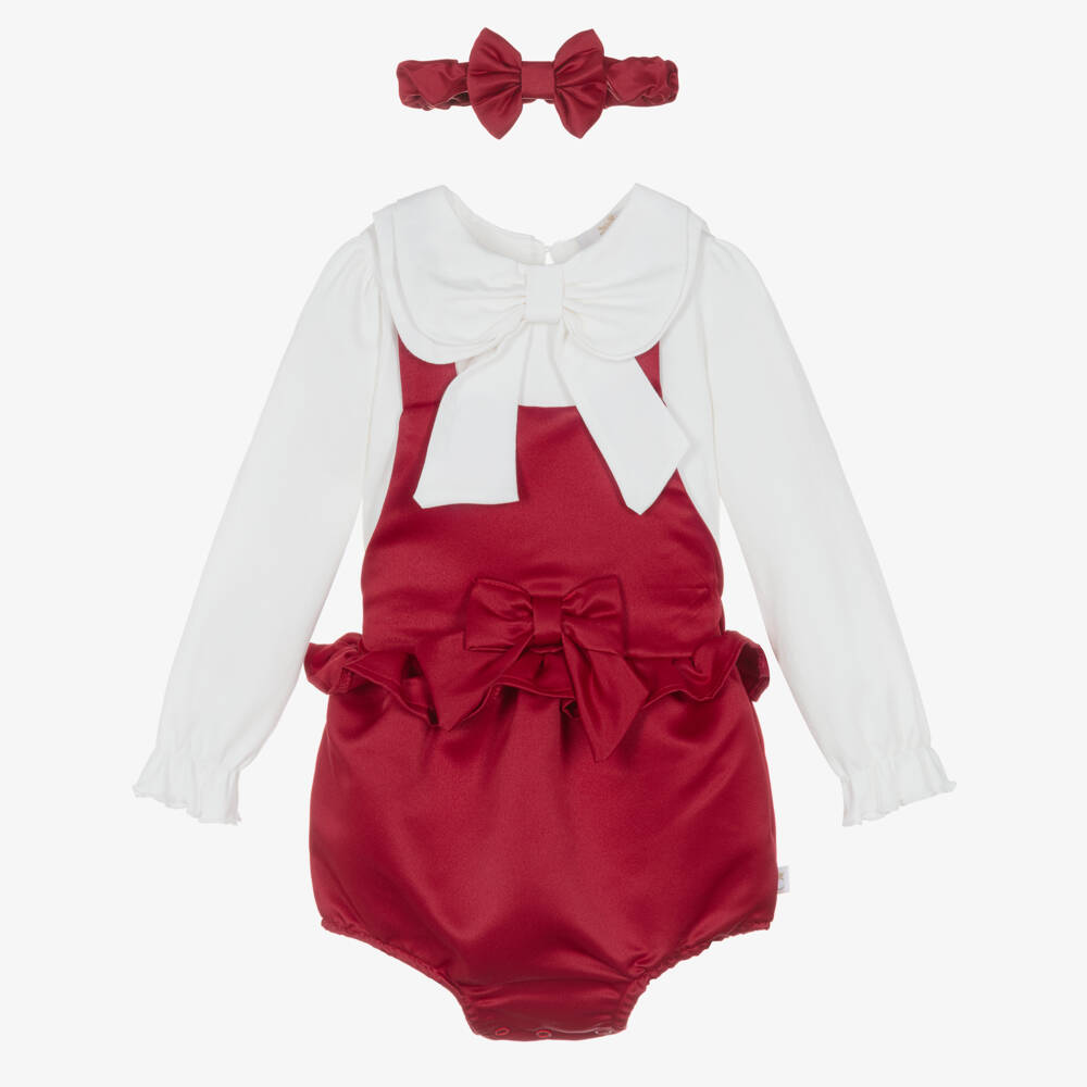 Caramelo Kids-Girls Red Dungaree Babysuit Set with Bow Headband | Childrensalon