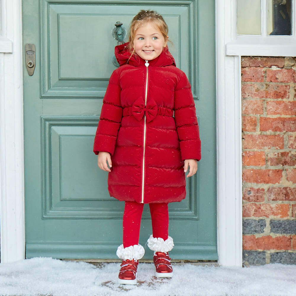 Caramelo Kids-Girls Red Hooded Puffer Coat with Bow Belt | Childrensalon