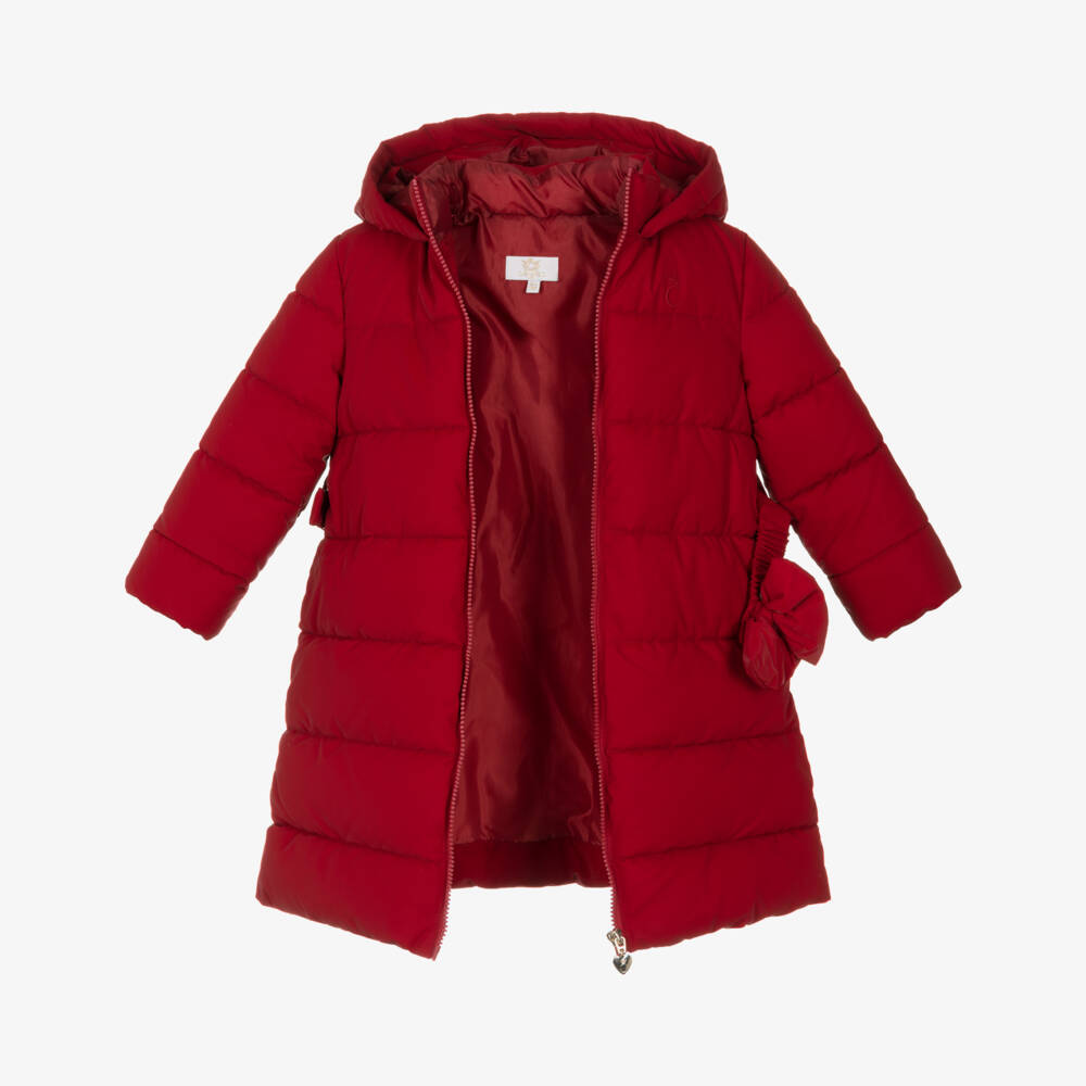 Caramelo Kids-Girls Red Hooded Puffer Coat with Bow Belt | Childrensalon
