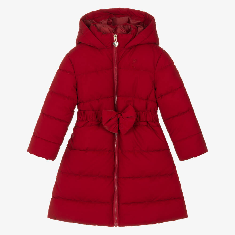 Caramelo Kids-Girls Red Hooded Puffer Coat with Bow Belt | Childrensalon