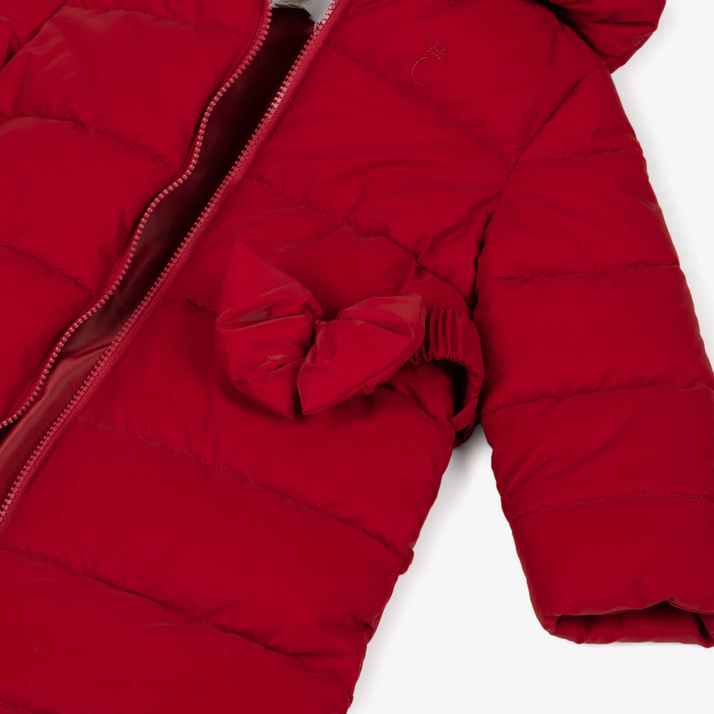 Caramelo Kids-Girls Red Hooded Puffer Coat with Bow Belt | Childrensalon