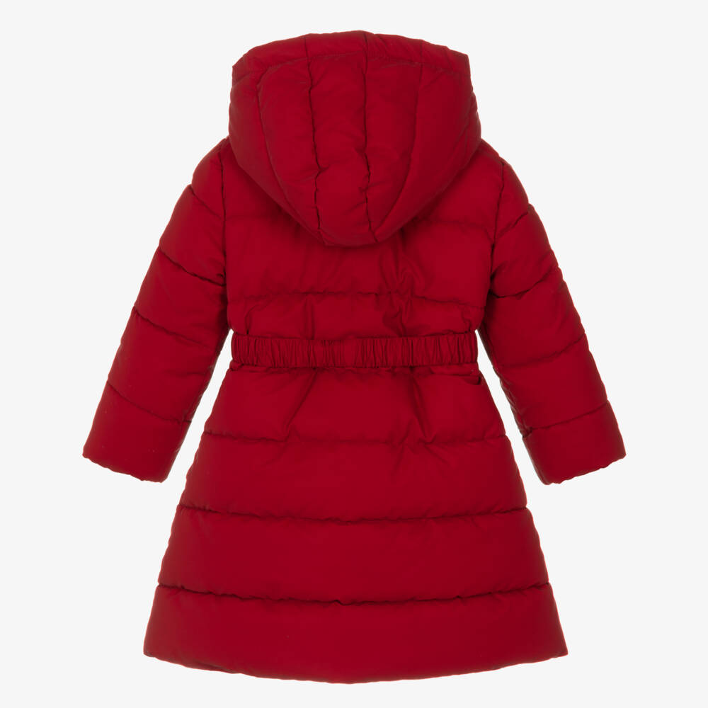 Caramelo Kids-Girls Red Hooded Puffer Coat with Bow Belt | Childrensalon