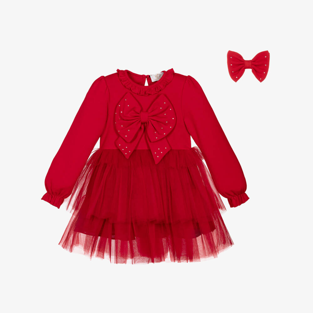 Caramelo Kids-Girls Red Tulle Dress Set with Diamanté Bows | Childrensalon