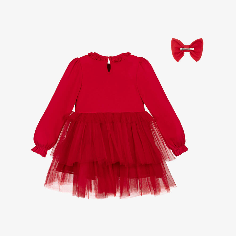 Caramelo Kids-Girls Red Tulle Dress Set with Diamanté Bows | Childrensalon