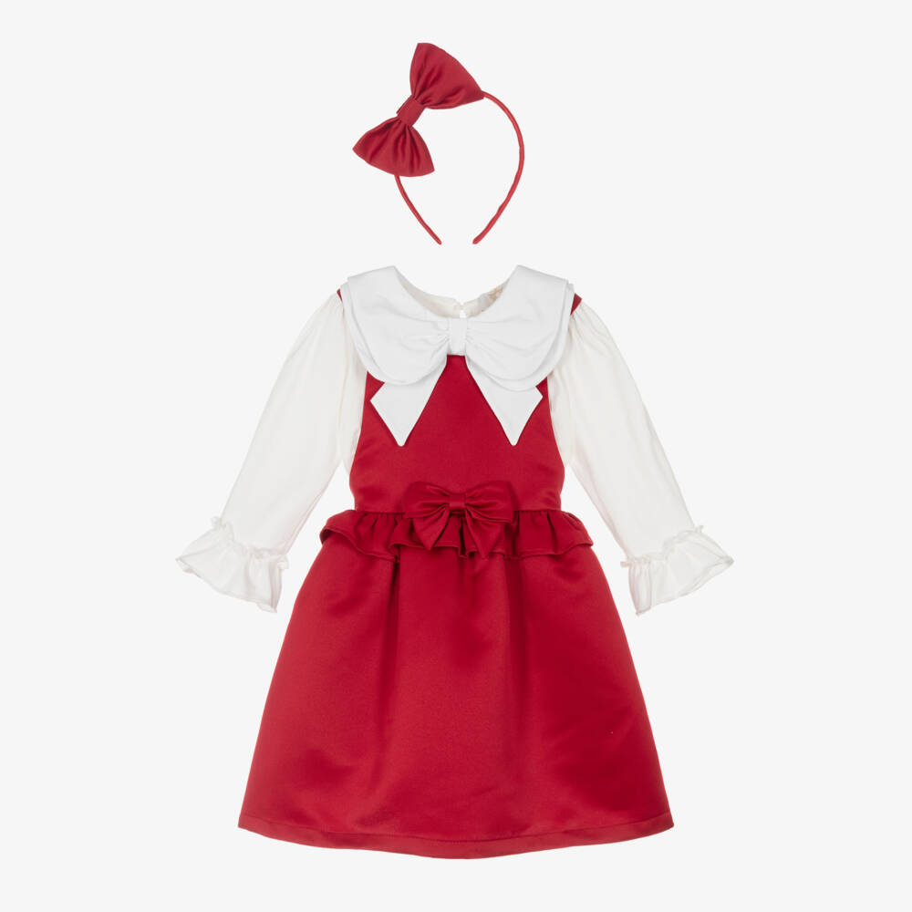Caramelo Kids-Girls Red & White Cotton Dress Set with Bow Hairband | Childrensalon