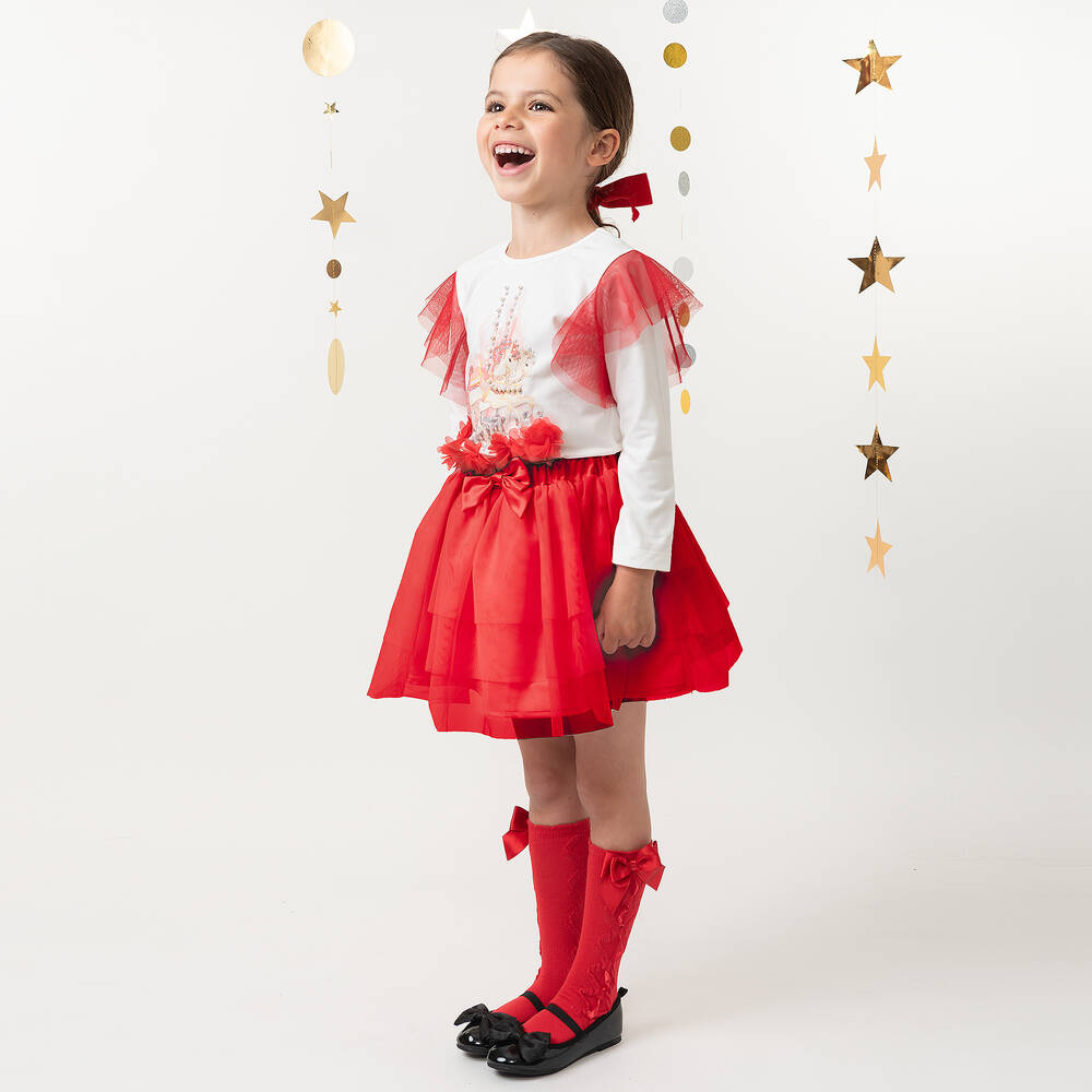 Caramelo Kids-Girls Red & White Cotton Skirt Set | Childrensalon