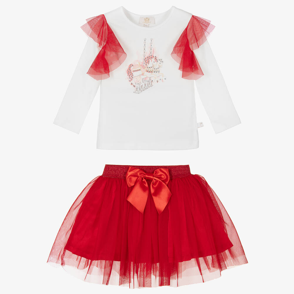 Caramelo Kids-Girls Red & White Cotton Skirt Set | Childrensalon