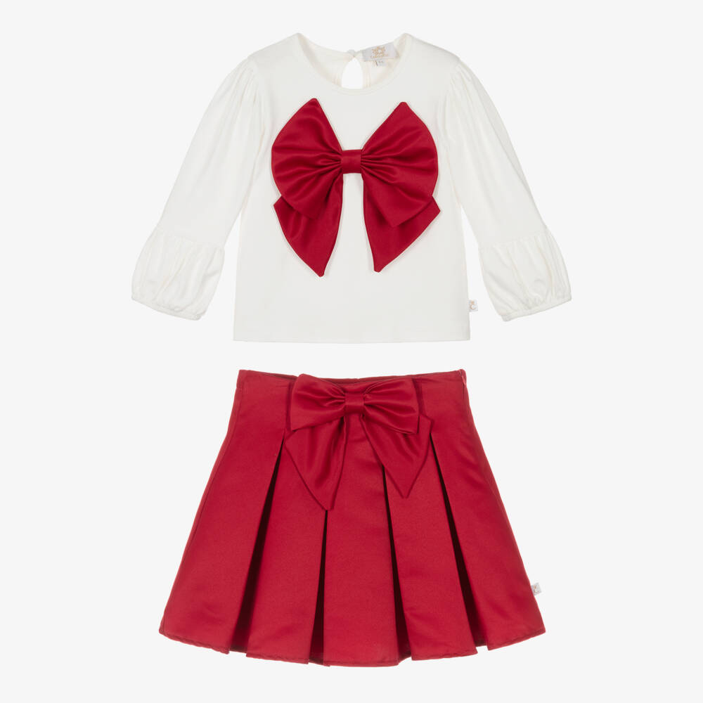 Caramelo Kids-Girls Red & White Pleated Skirt Set with Bows | Childrensalon
