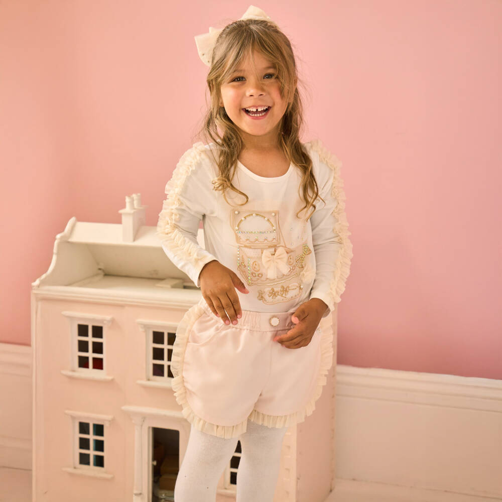 Caramelo Kids-Girls White & Beige Cotton Shorts Set with Jewellery Box Print | Childrensalon