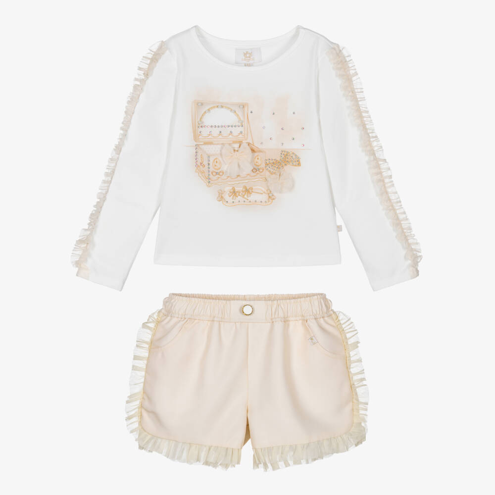 Caramelo Kids-Girls White & Beige Cotton Shorts Set with Jewellery Box Print | Childrensalon