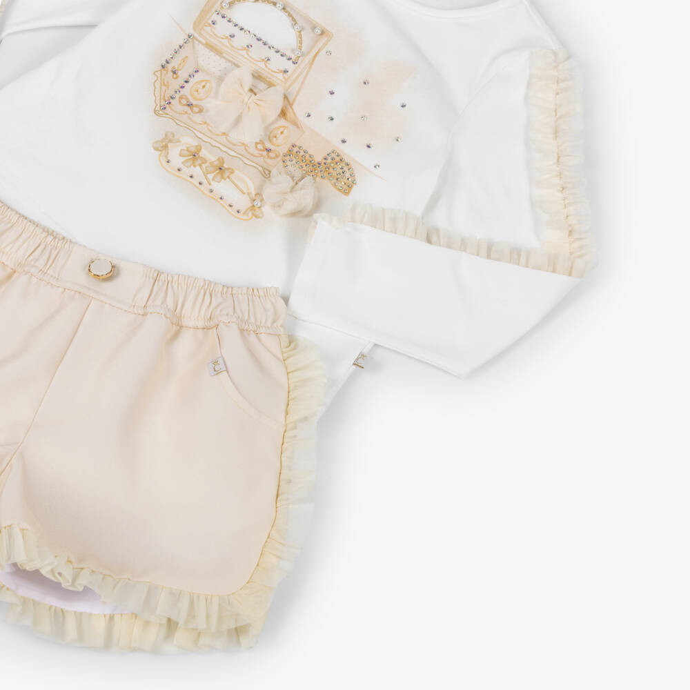 Caramelo Kids-Girls White & Beige Cotton Shorts Set with Jewellery Box Print | Childrensalon