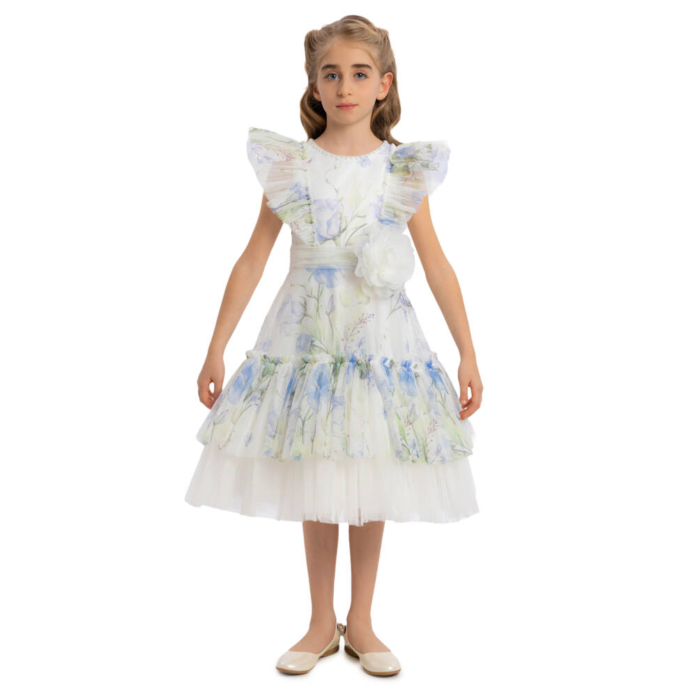 Caramelo Kids-Girls White & Blue Floral Tulle Dress | Childrensalon