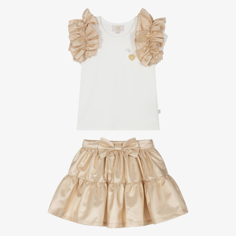Caramelo Kids-Girls White & Gold Ruffle Skirt Set | Childrensalon