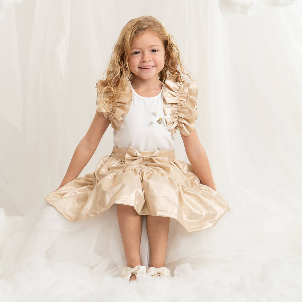 Caramelo Kids-Girls White & Gold Ruffle Skirt Set | Childrensalon