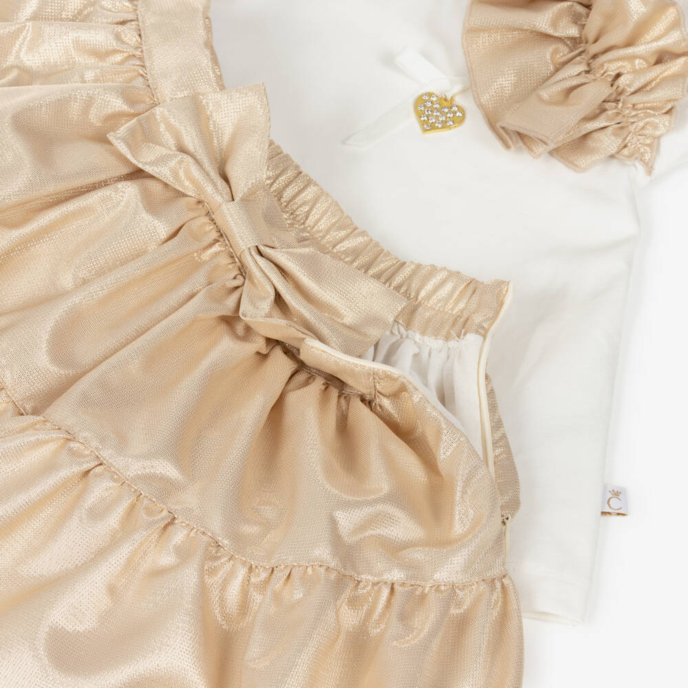 Caramelo Kids-Girls White & Gold Ruffle Skirt Set | Childrensalon