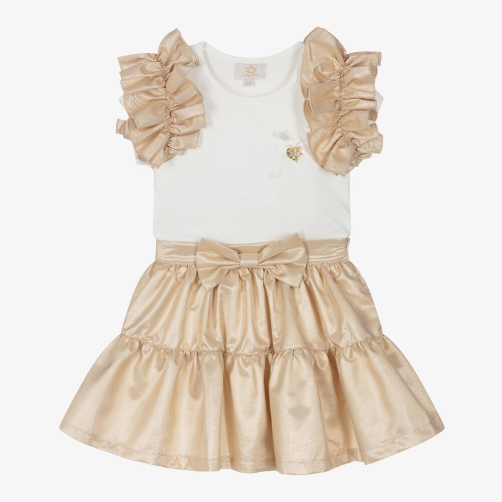 Caramelo Kids-Girls White & Gold Ruffle Skirt Set | Childrensalon