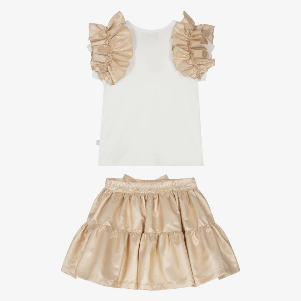 Caramelo Kids-Girls White & Gold Ruffle Skirt Set | Childrensalon