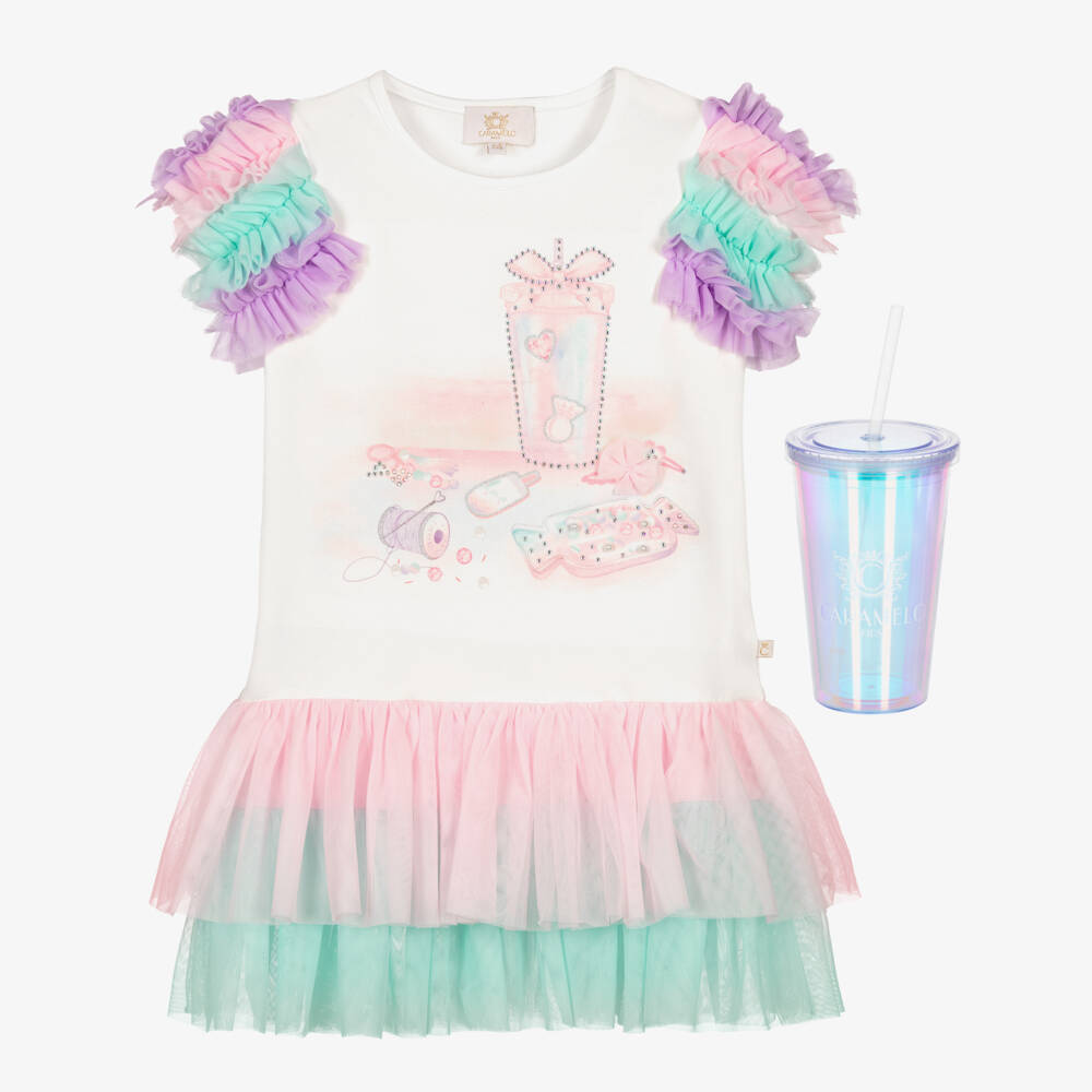 Caramelo Kids-Girls White Jersey & Pink Tulle Dress with Tumbler | Childrensalon