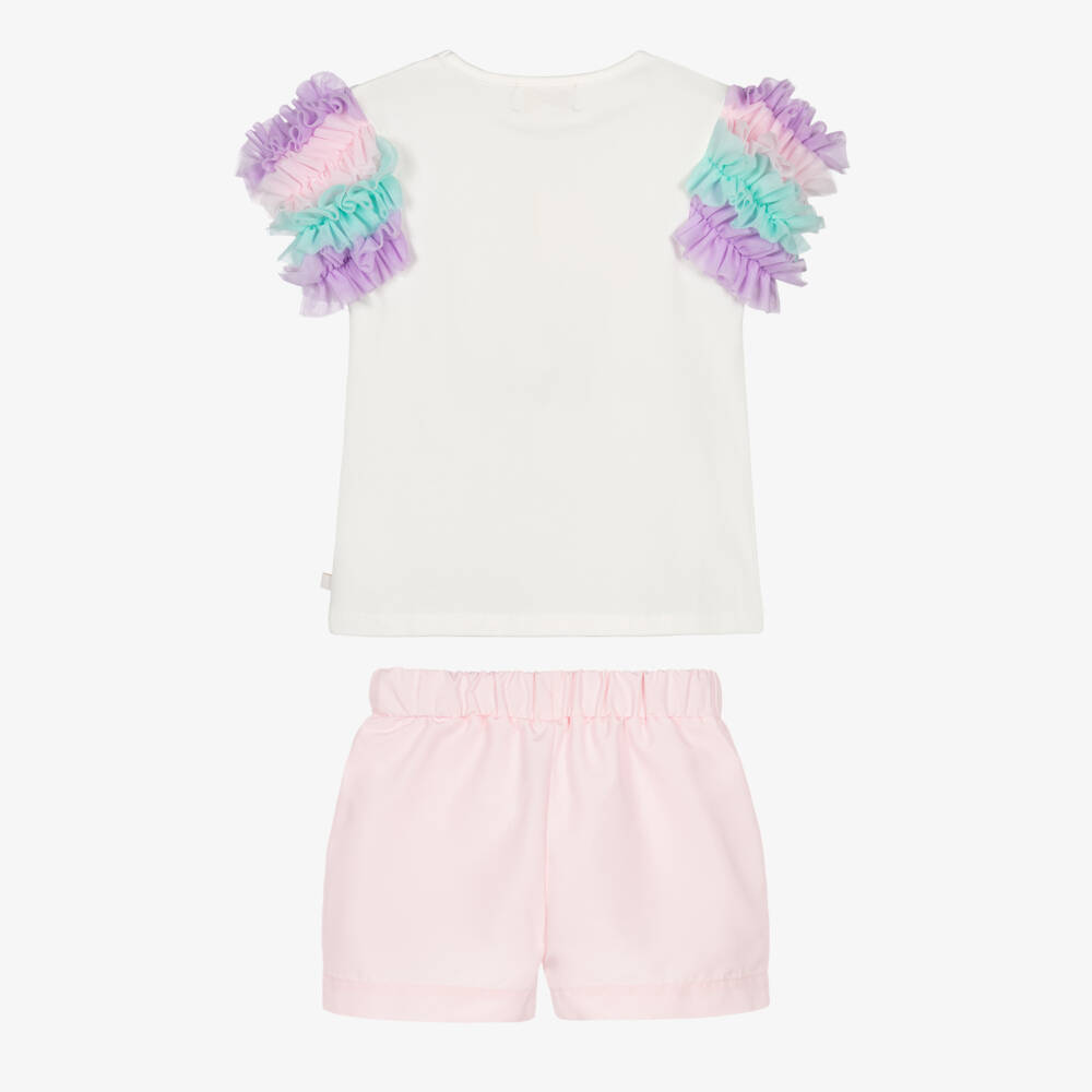 Caramelo Kids-Girls White & Pink Shorts Set with Iridescent Tumbler | Childrensalon
