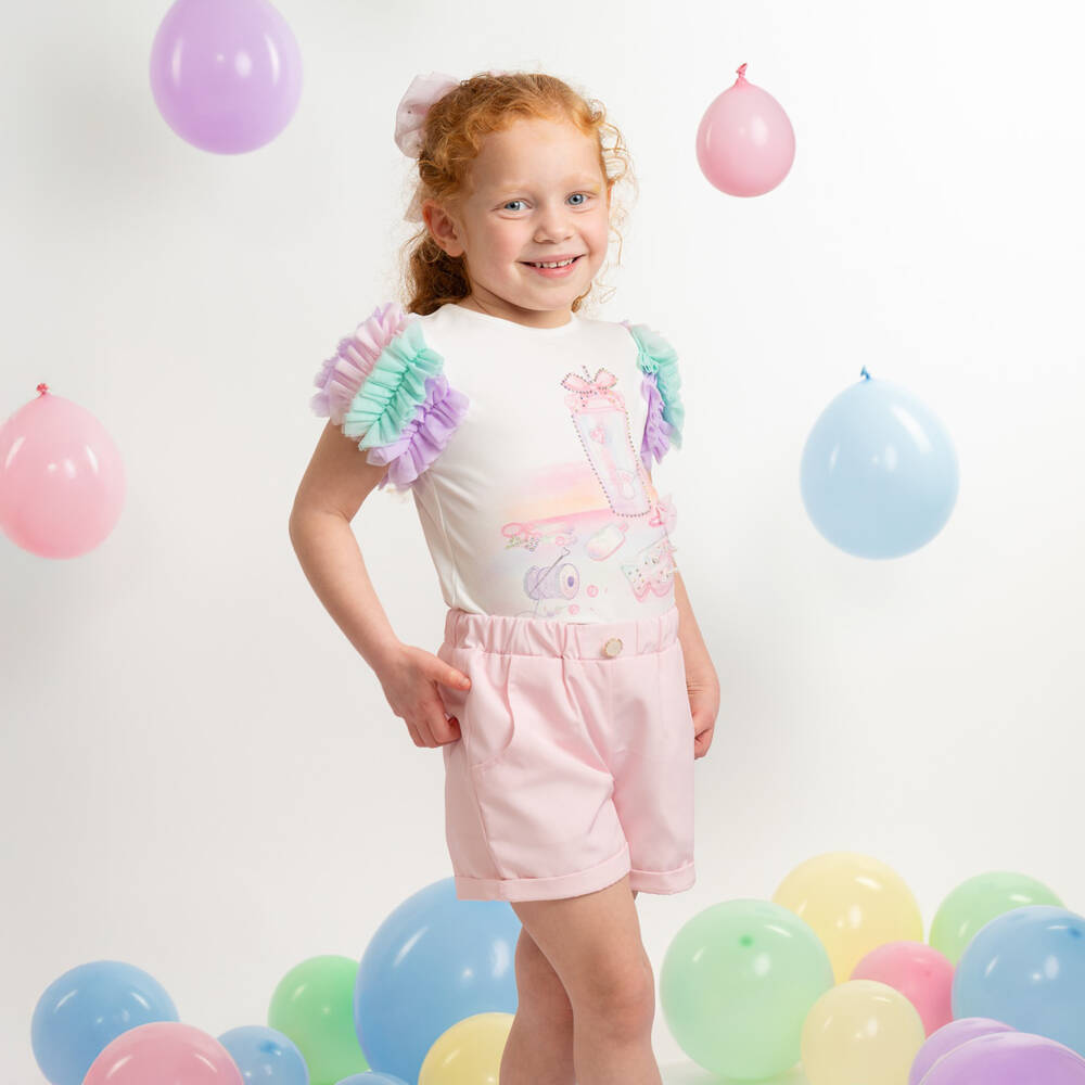 Caramelo Kids-Girls White & Pink Shorts Set with Iridescent Tumbler | Childrensalon