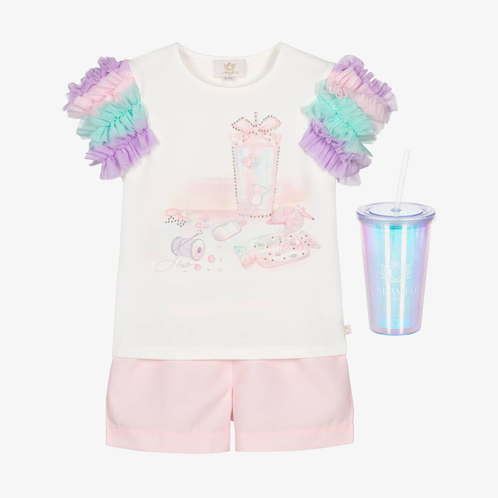 Caramelo Kids-Girls White & Pink Shorts Set with Iridescent Tumbler | Childrensalon