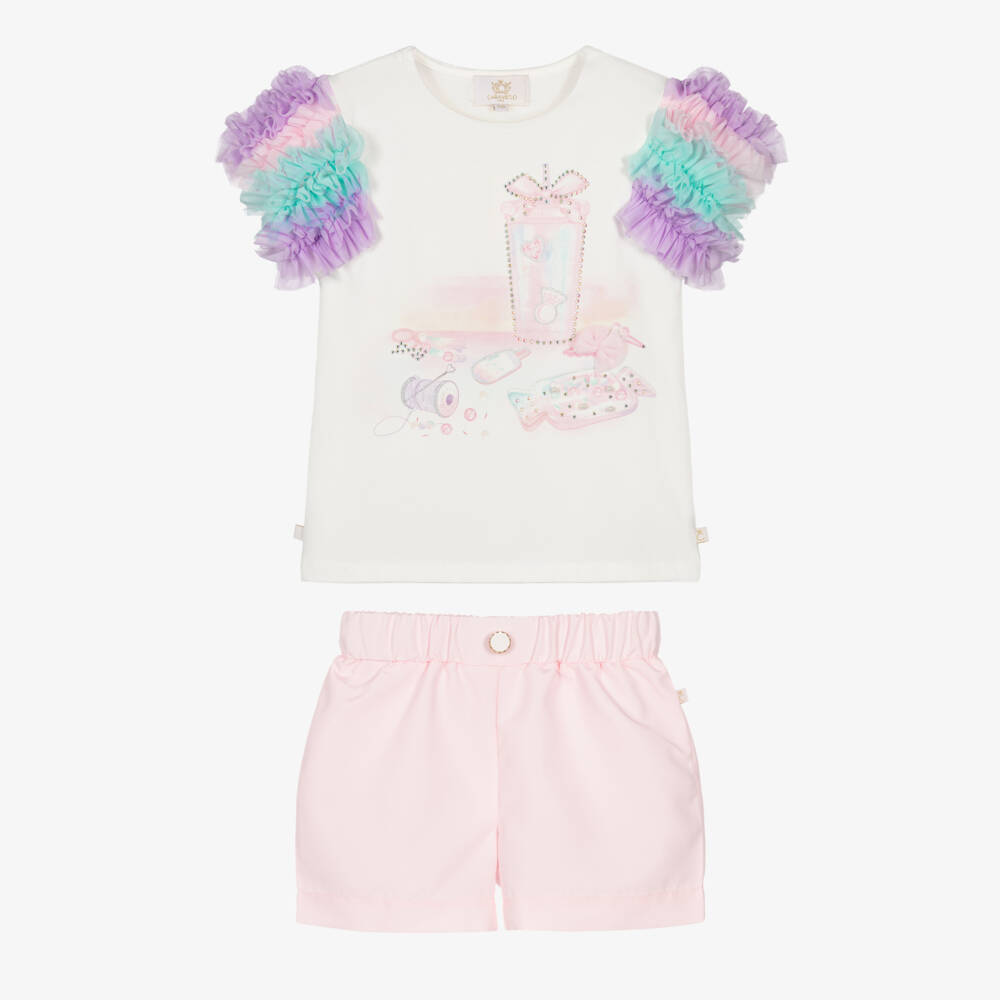 Caramelo Kids-Girls White & Pink Shorts Set with Iridescent Tumbler | Childrensalon