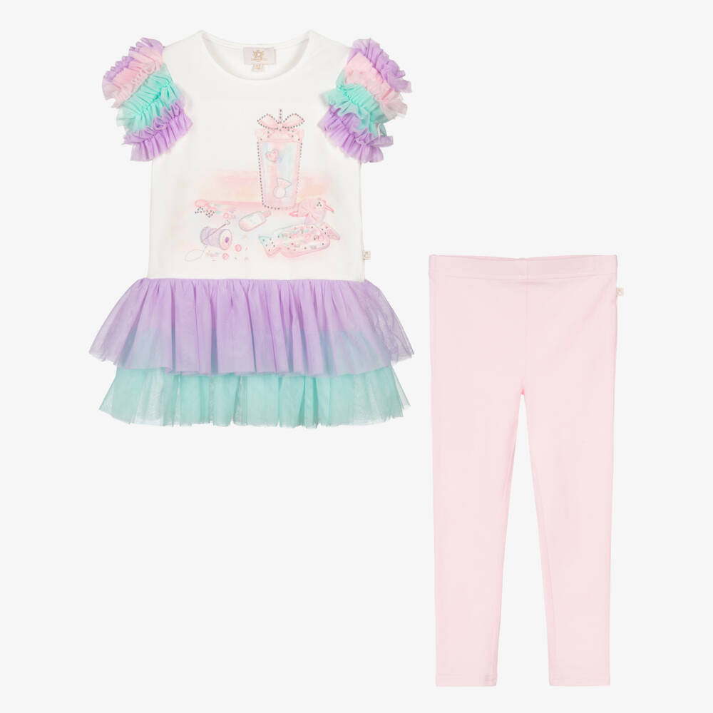 Caramelo Kids-Girls White & Pink Tulle Trim Leggings Set with Tumbler | Childrensalon