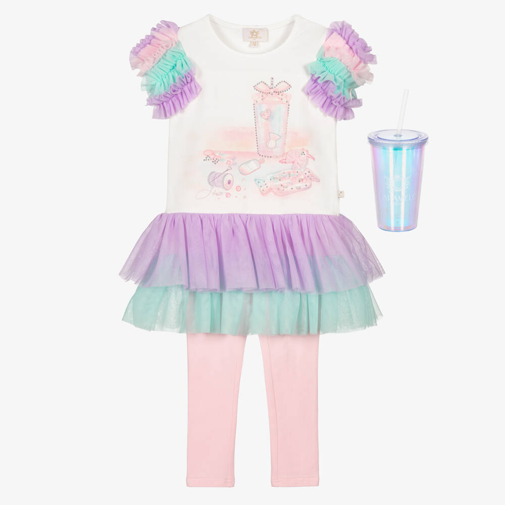 Caramelo Kids-Girls White & Pink Tulle Trim Leggings Set with Tumbler | Childrensalon