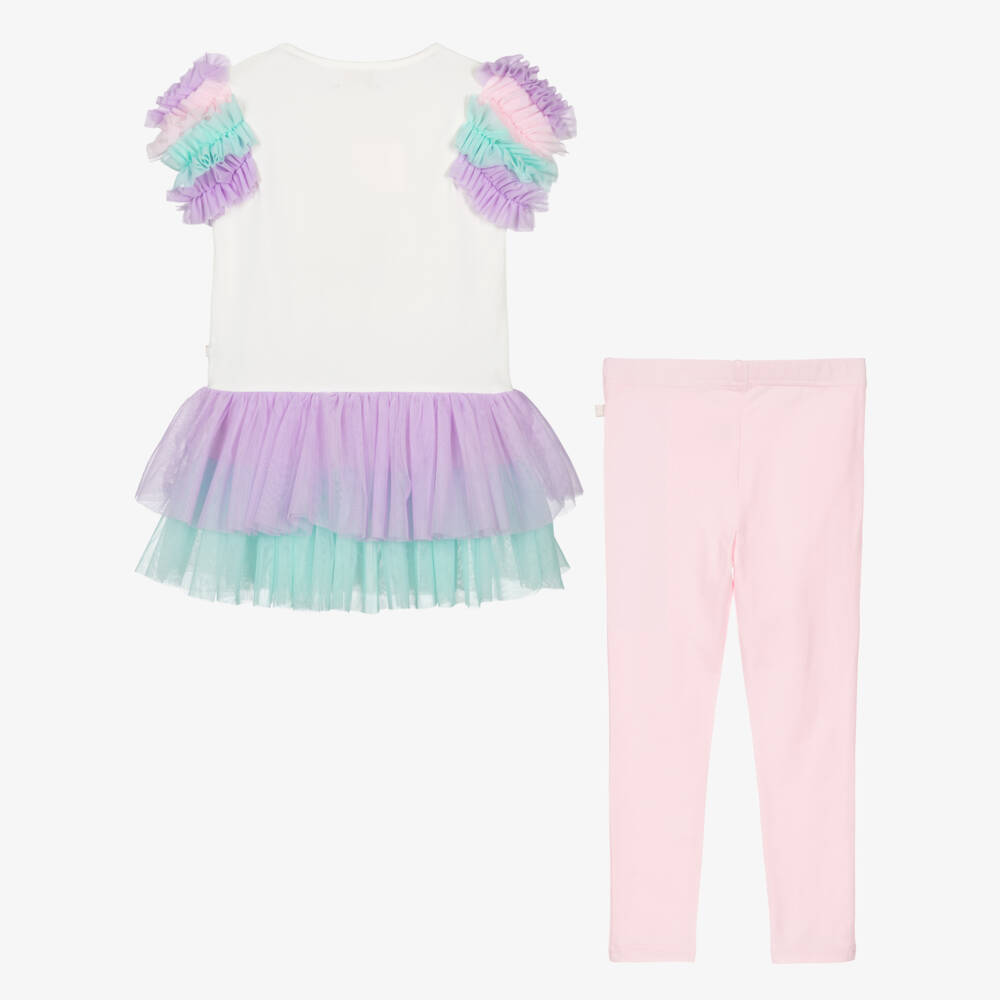 Caramelo Kids-Girls White & Pink Tulle Trim Leggings Set with Tumbler | Childrensalon
