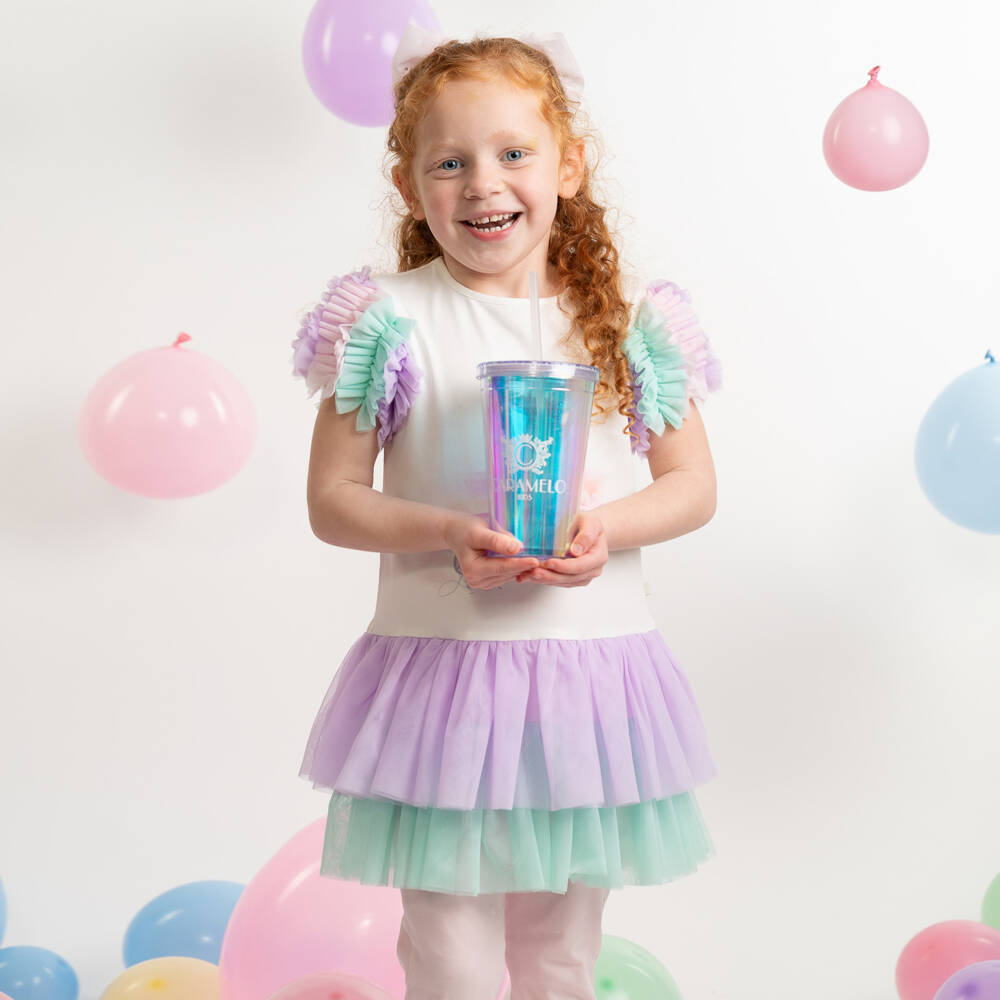 Caramelo Kids-Girls White & Pink Tulle Trim Leggings Set with Tumbler | Childrensalon
